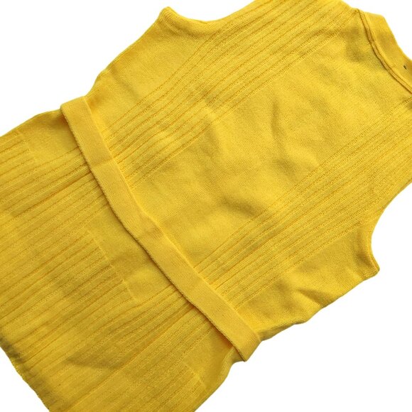 Vintage 1960s Bright Yellow Sleeveless Belted Knit Cardigan Sweater Vest Pockets - Picture 9 of 11